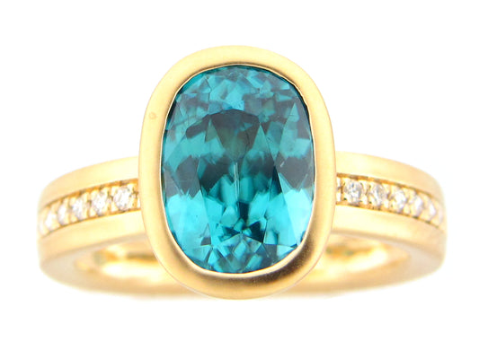 BLUE ZIRCON OVAL BEZEL & DIAMOND RING, SATIN FINISH