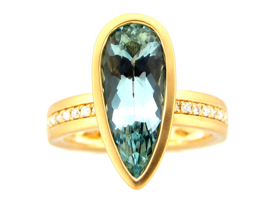 AQUAMARINE PEAR BEZEL & DIAMOND RING, SATIN FINISH, 18KY (H)