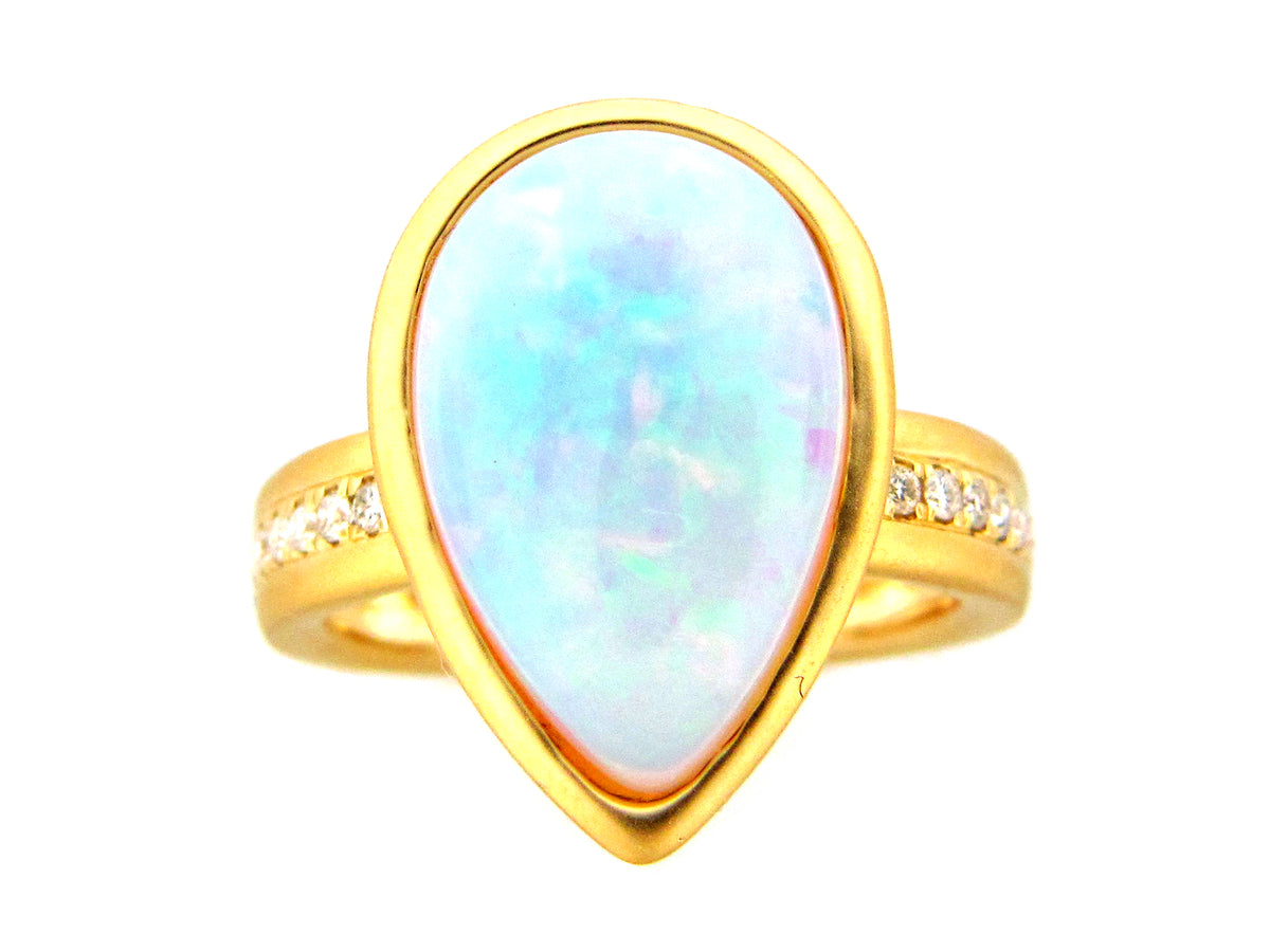 OPAL PEAR BEZEL & DIAMOND RING, SATIN FINISH, 18KY (O)
