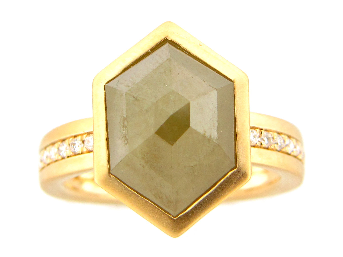 ROSE CUT YELLOW DIAMOND HEXAGON BEZEL RING, SATIN FINISH, 18KY (N)
