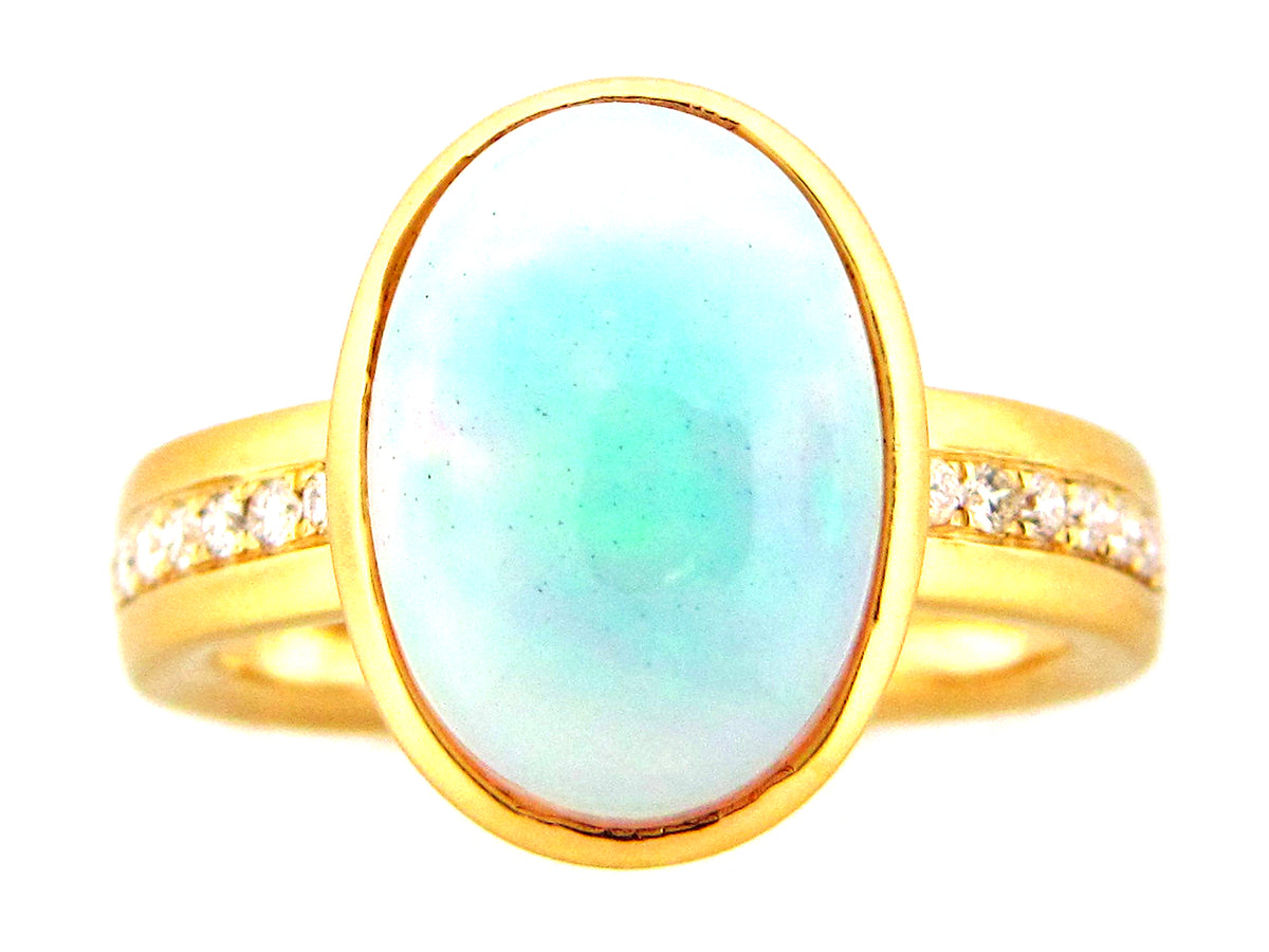 OPAL OVAL BEZEL & DIAMOND RING, SATIN FINISH, 18KY (O)