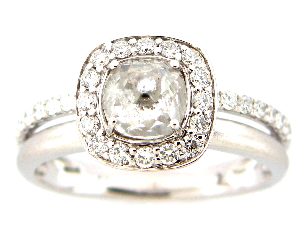 ROSE CUT CUSHION WHITE DIAMOND RING, 18KW (N)