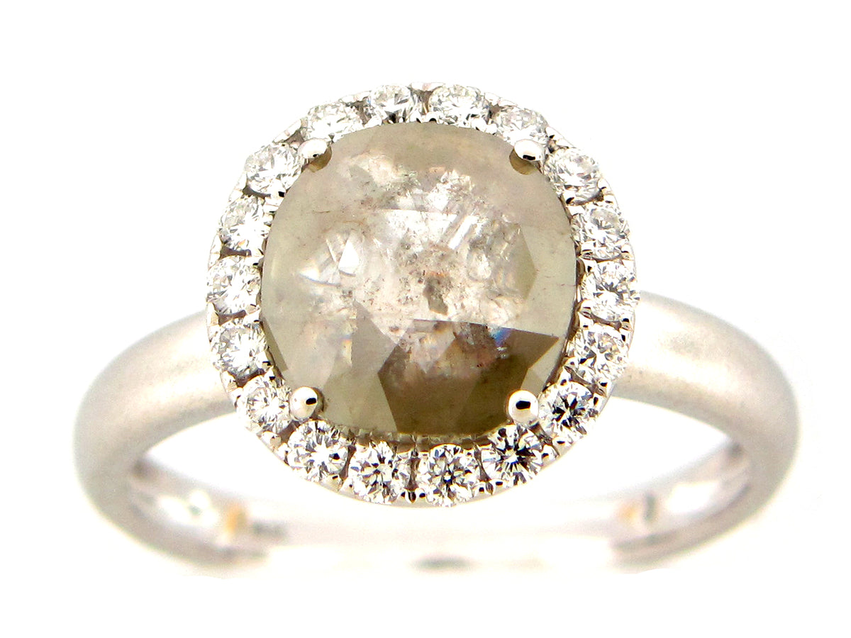 ROSE CUT ROUND GRAY WHITE DIAMOND RING, 18KW (N)