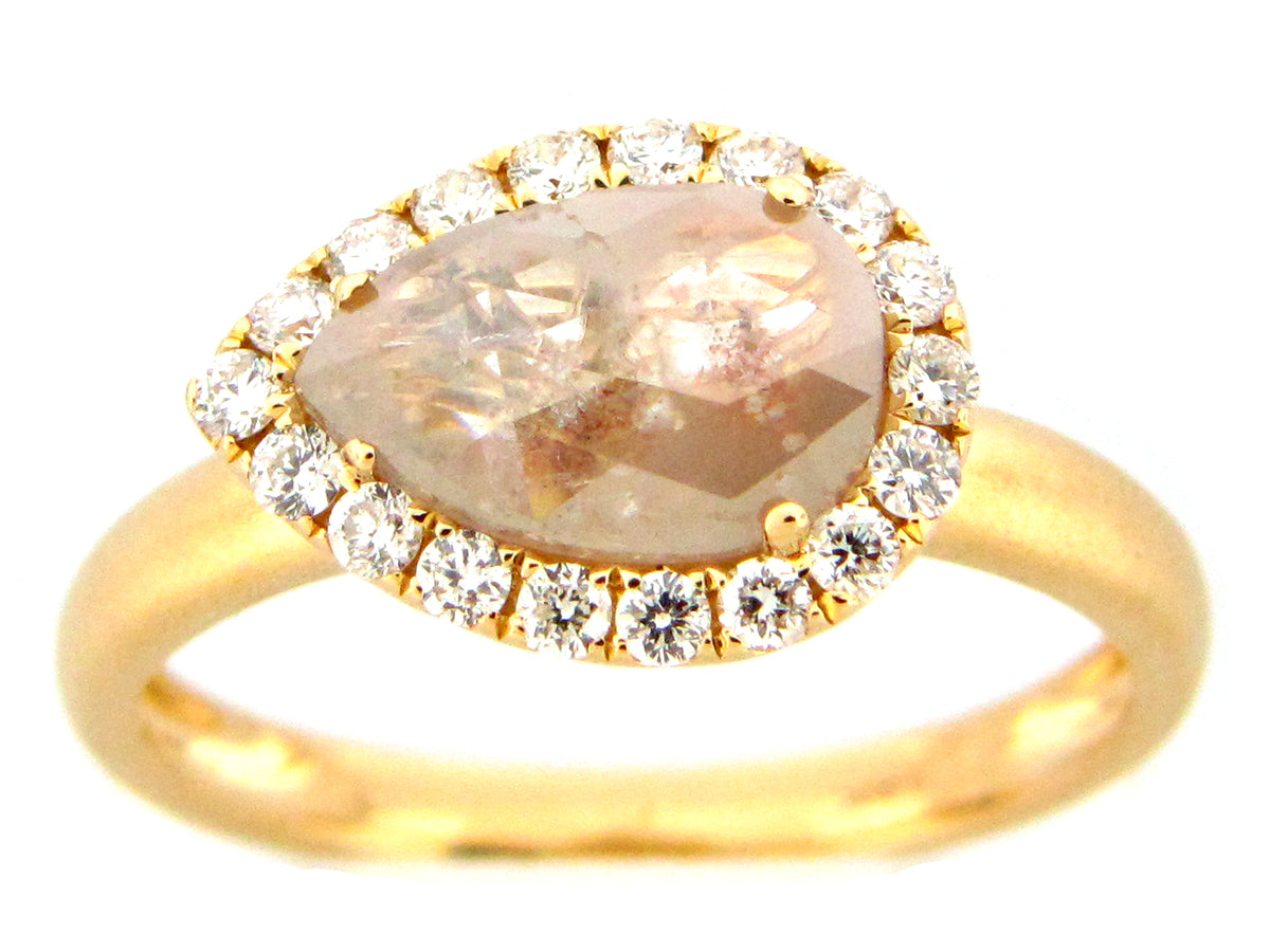 ROSE CUT PEAR GRAY WHITE DIAMOND RING, 18KY (N)