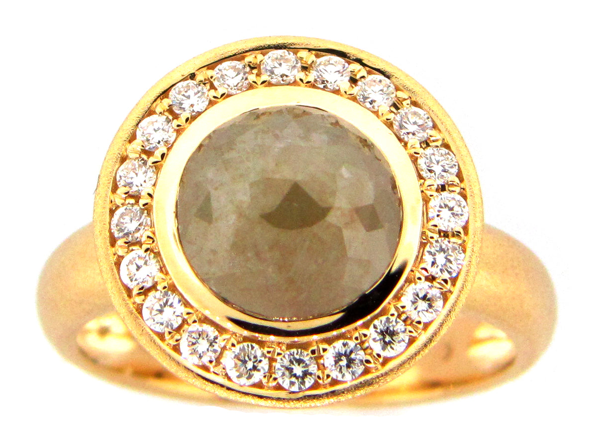 ROSE CUT GRAY GREEN DIAMOND RING, 18KY (N)