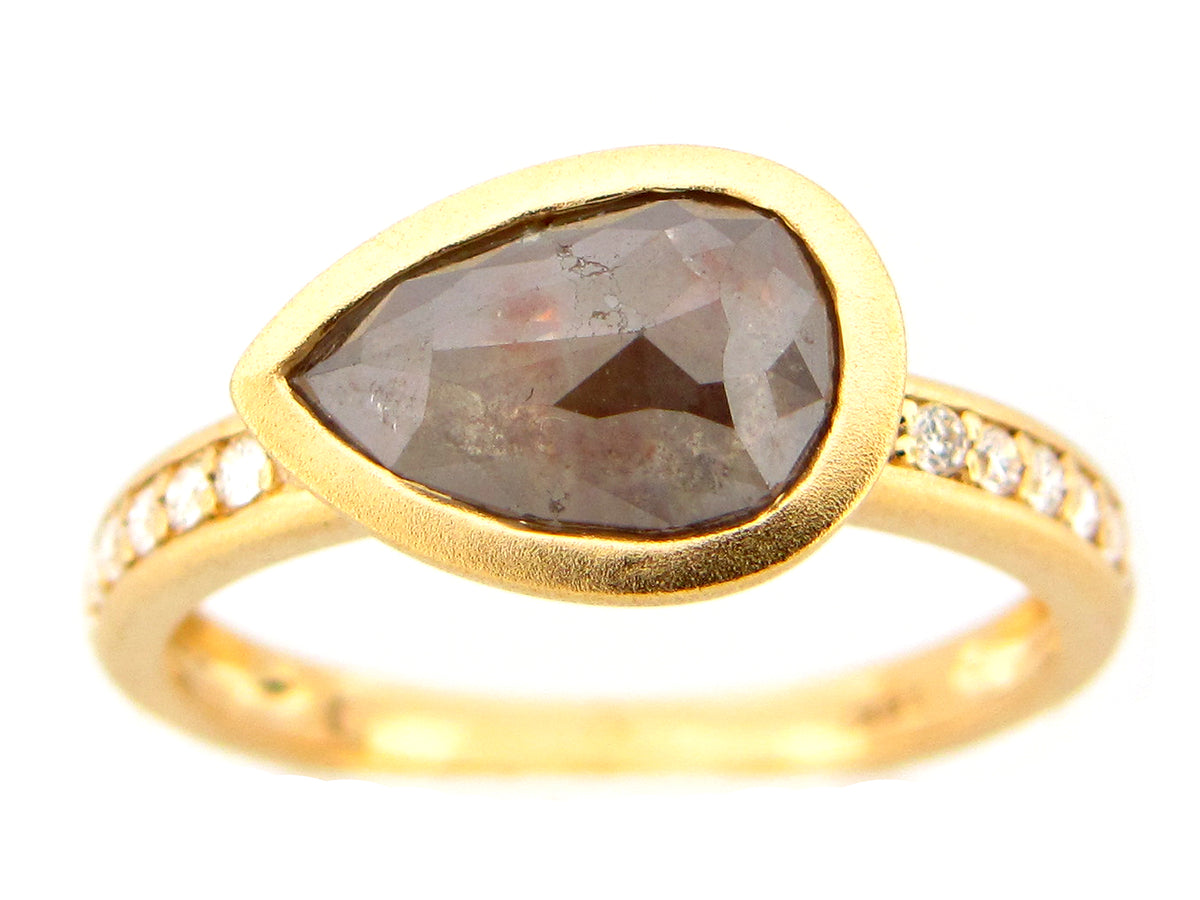 ROSE CUT PEAR GRAY WHITE DIAMOND RING, 18KY (N)