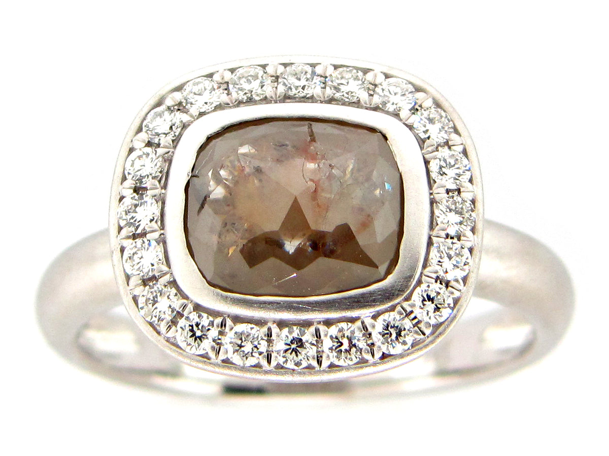 ROSE CUT GRAY GREEN DIAMOND RING, 18KW  (N)