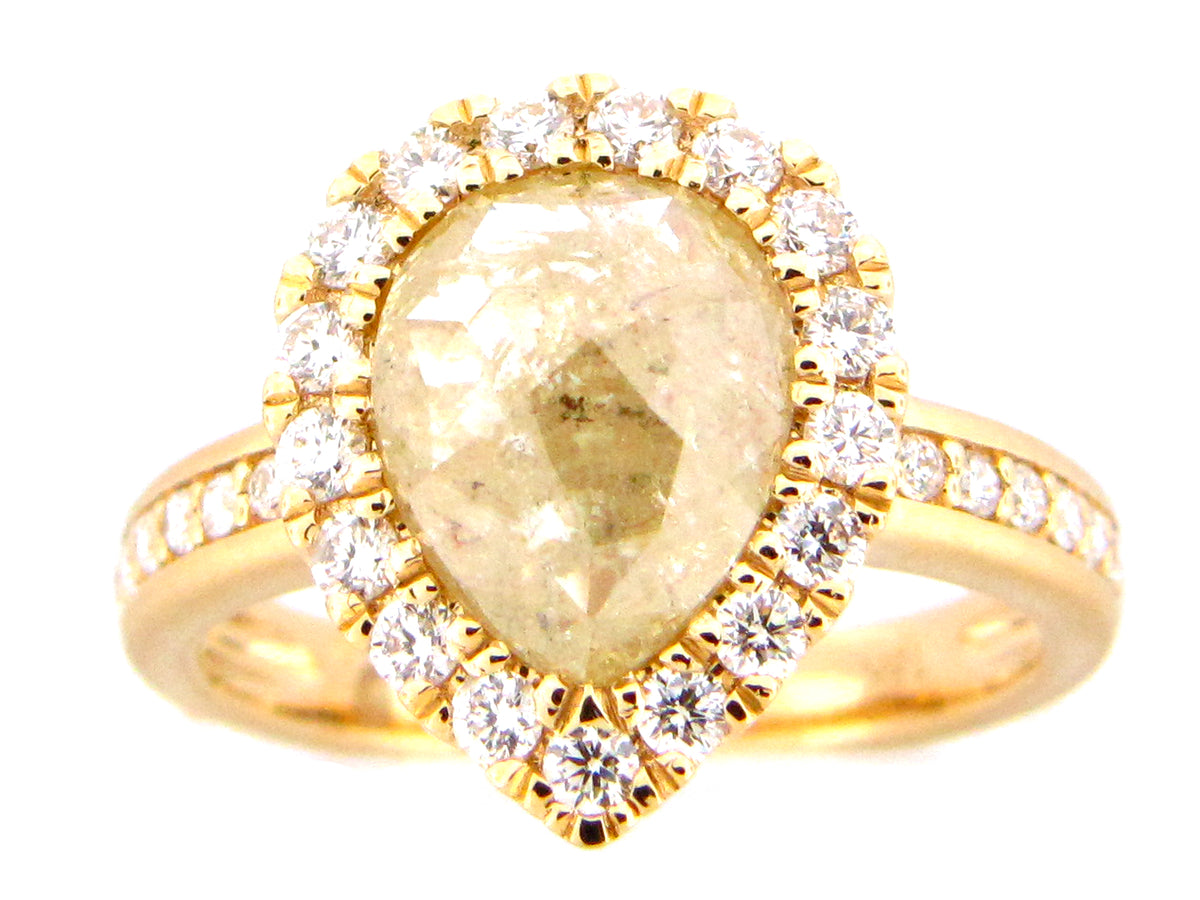 ROSE CUT YELLOW PEAR DIAMOND HALO RING, SATIN FINISH, 18KY (N)