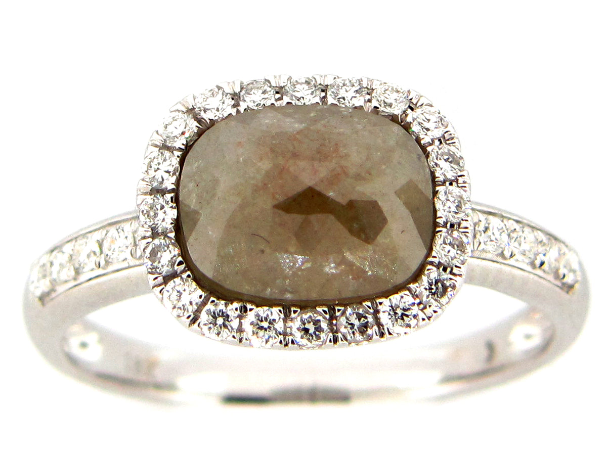 ROSE CUT GRAY GREEN DIAMOND RING, 18KW (N)