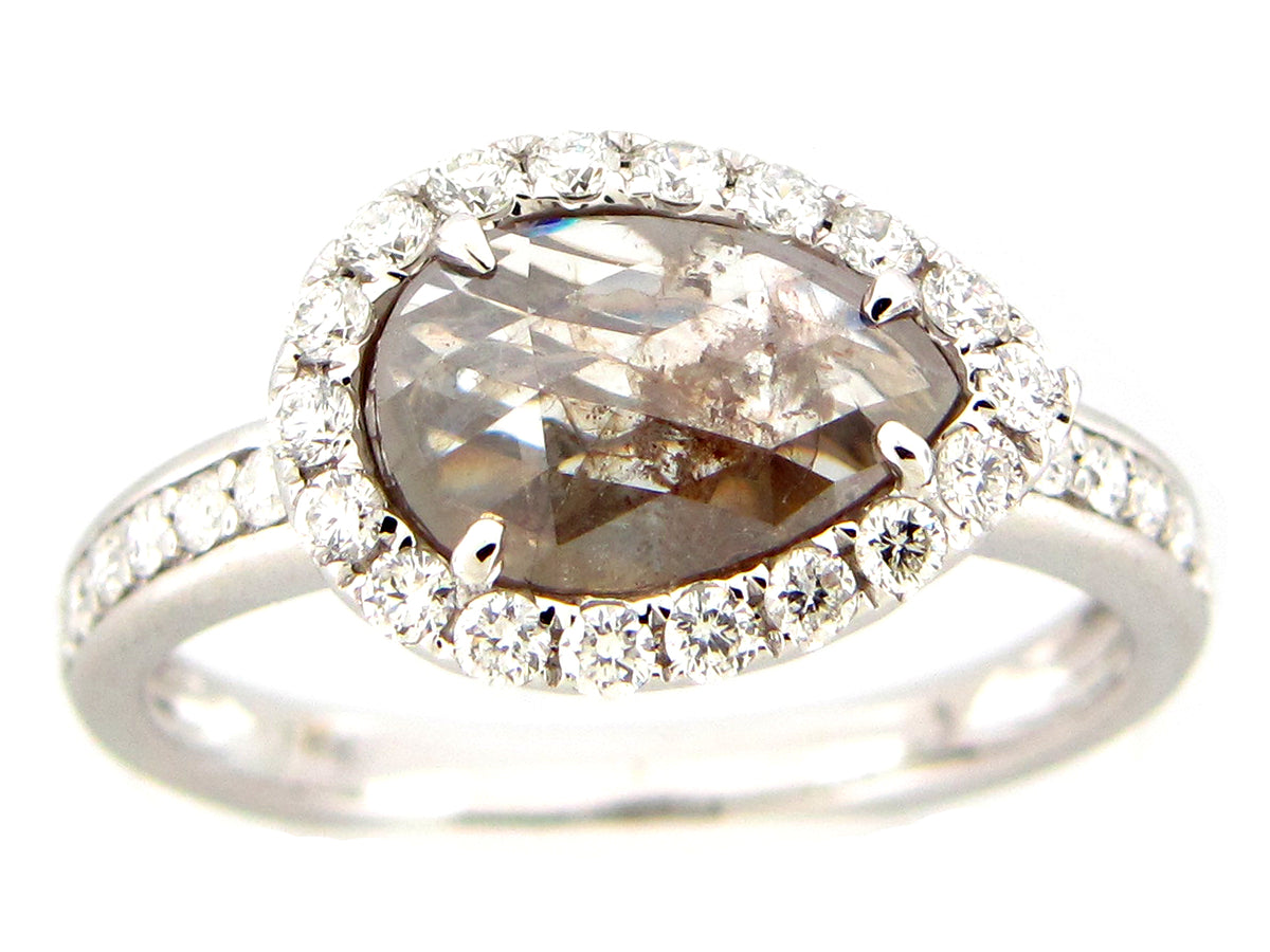 ROSE CUT PEAR SHAPE GRAY DIAMOND RING, 18KW (N)