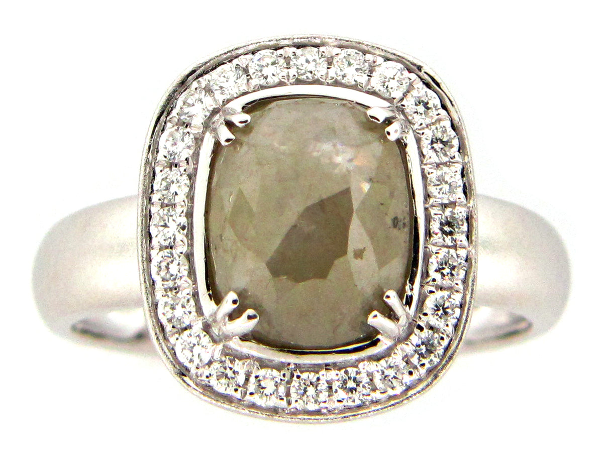 ROSE CUT GRAY GREEN DIAMOND RING, 18KW (N)