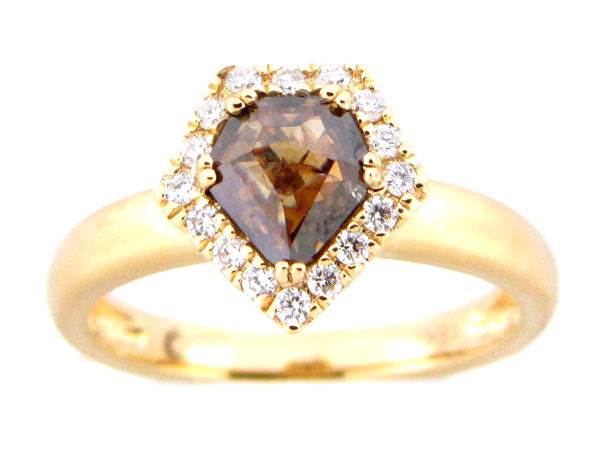 BROWN DIAMOND PENTAGON HALO RING, 18KY (N)