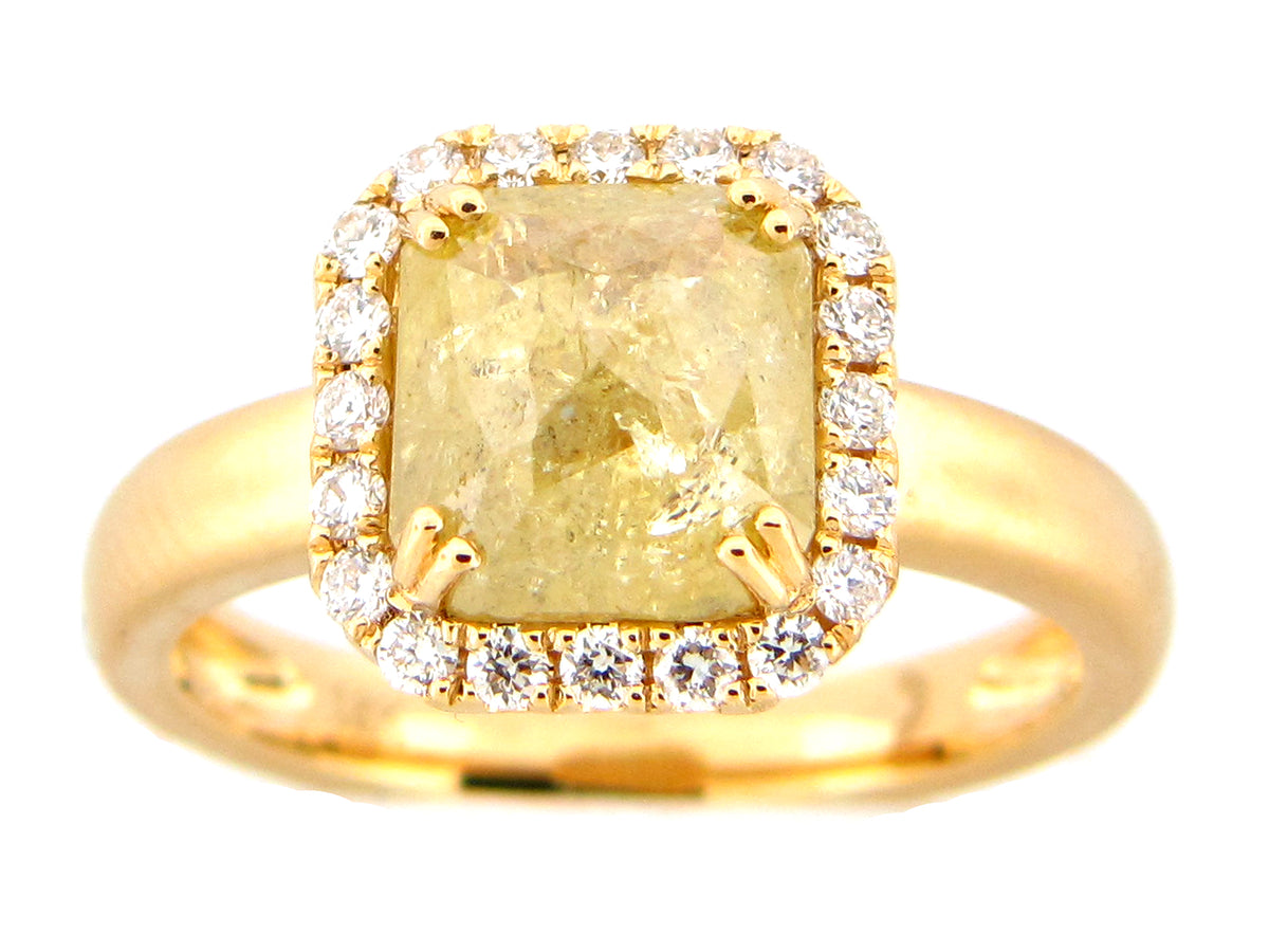 ROSE CUT YELLOW CUSHION DIAMOND HALO RING, SATIN FINISH, 18KY (N)