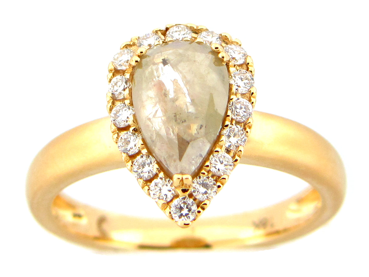 ROSE CUT GRAY PEAR DIAMOND HALO RING, 18KY (N)