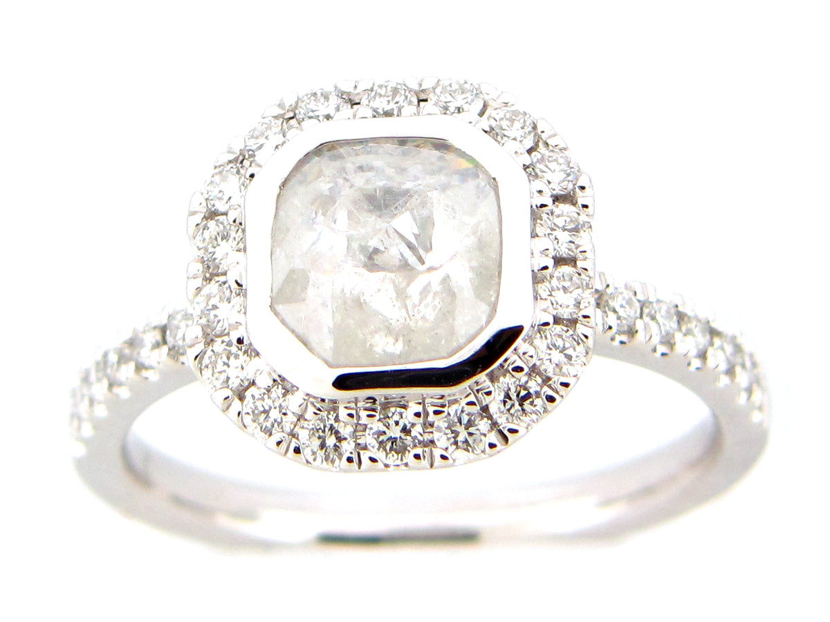 ROSE CUT CUSHION DIAMOND HALO RING, 18KW (N)
