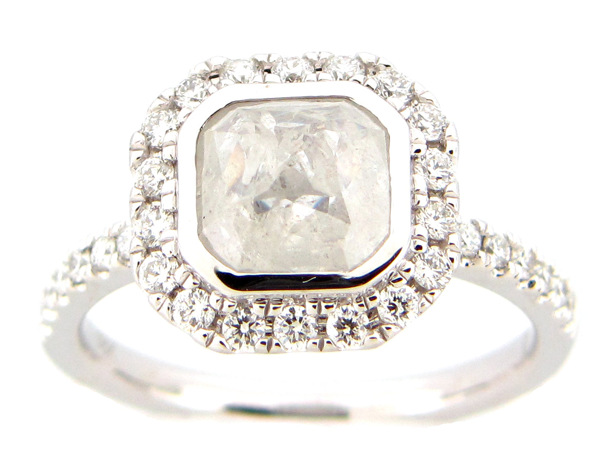 ROSE CUT CUSHION DIAMOND HALO RING, 18KW (N)