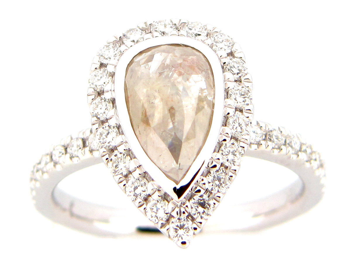 ROSE CUT PEAR DIAMOND HALO RING, 18KW (N)