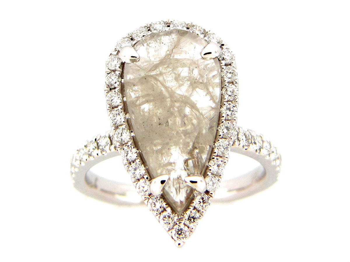 ROSE CUT PEAR DIAMOND HALO RING, 18KW (N)