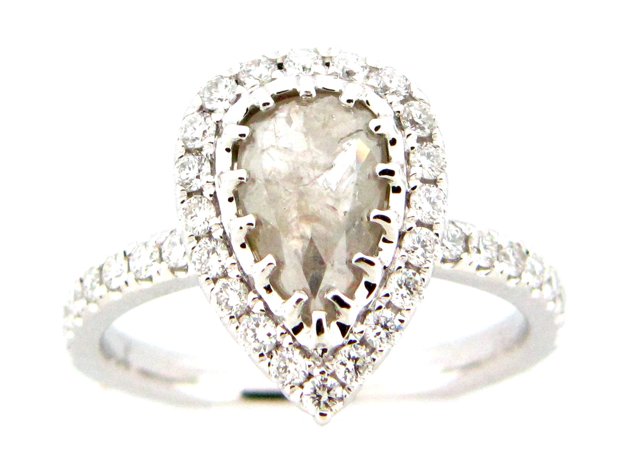 ROSE CUT GRAY PEAR DIAMOND HALO RING, 18KW (N)