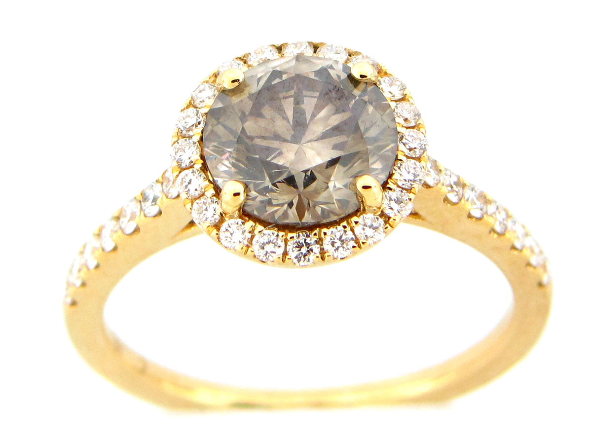 NATURAL GRAY GREEN ROUND DIAMOND HALO RING, 18KY (N)
