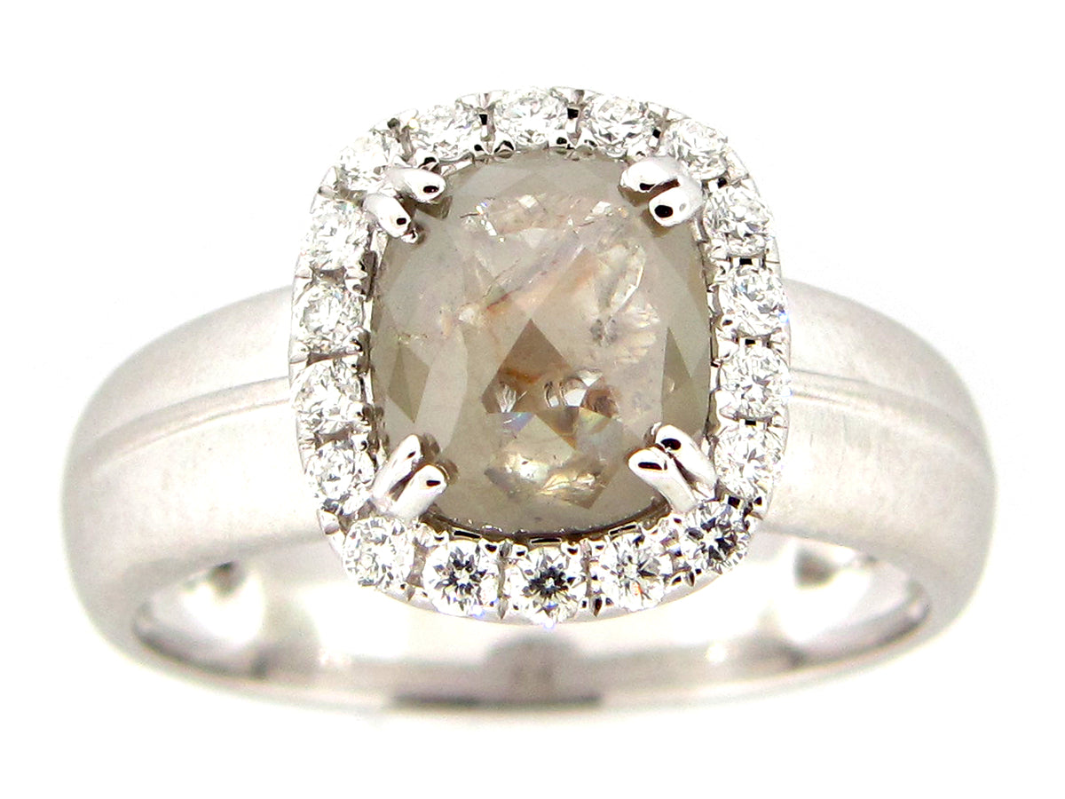 ROSE CUT GRAY GREEN DIAMOND RING, 18KW (N)