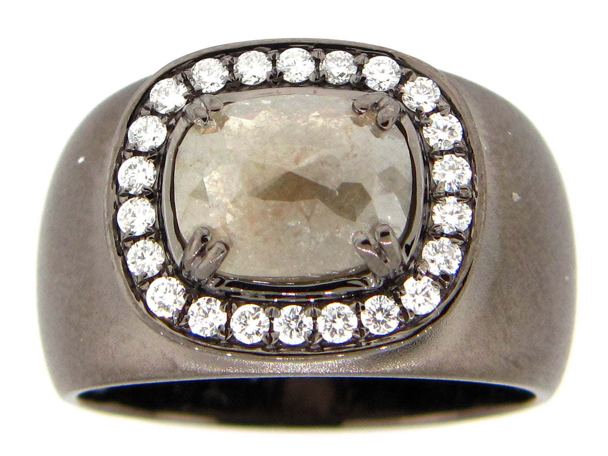 ROSE CUT GRAY GREEN DIAMOND RING,  18K BLACK FINISH (N)