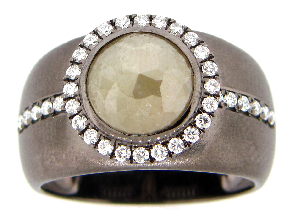 ROSE CUT GRAY GREEN DIAMOND RING, 18K BLACK FINISH (N)