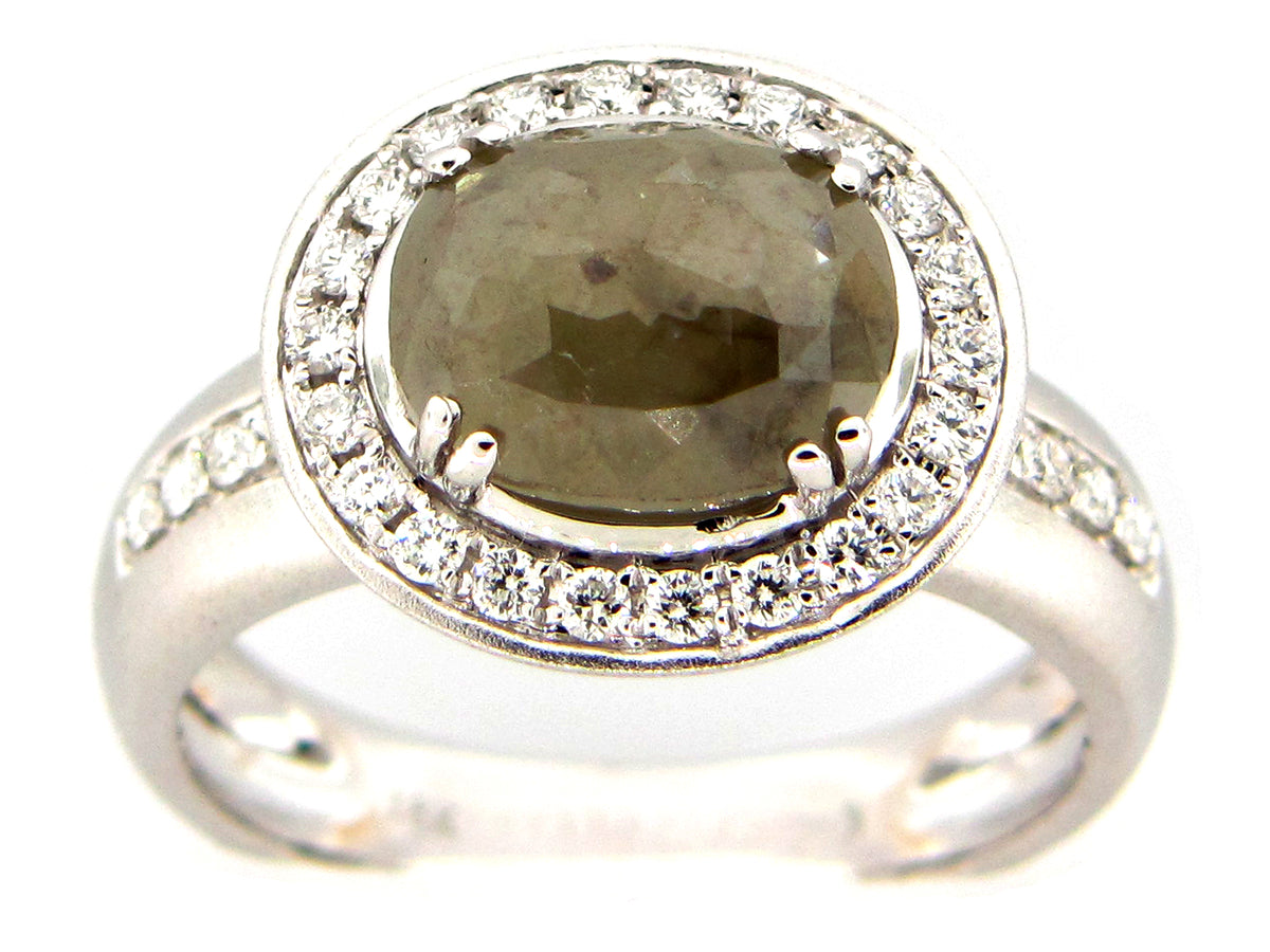 ROSE CUT GRAY GREEN DIAMOND RING, 18KW (N)