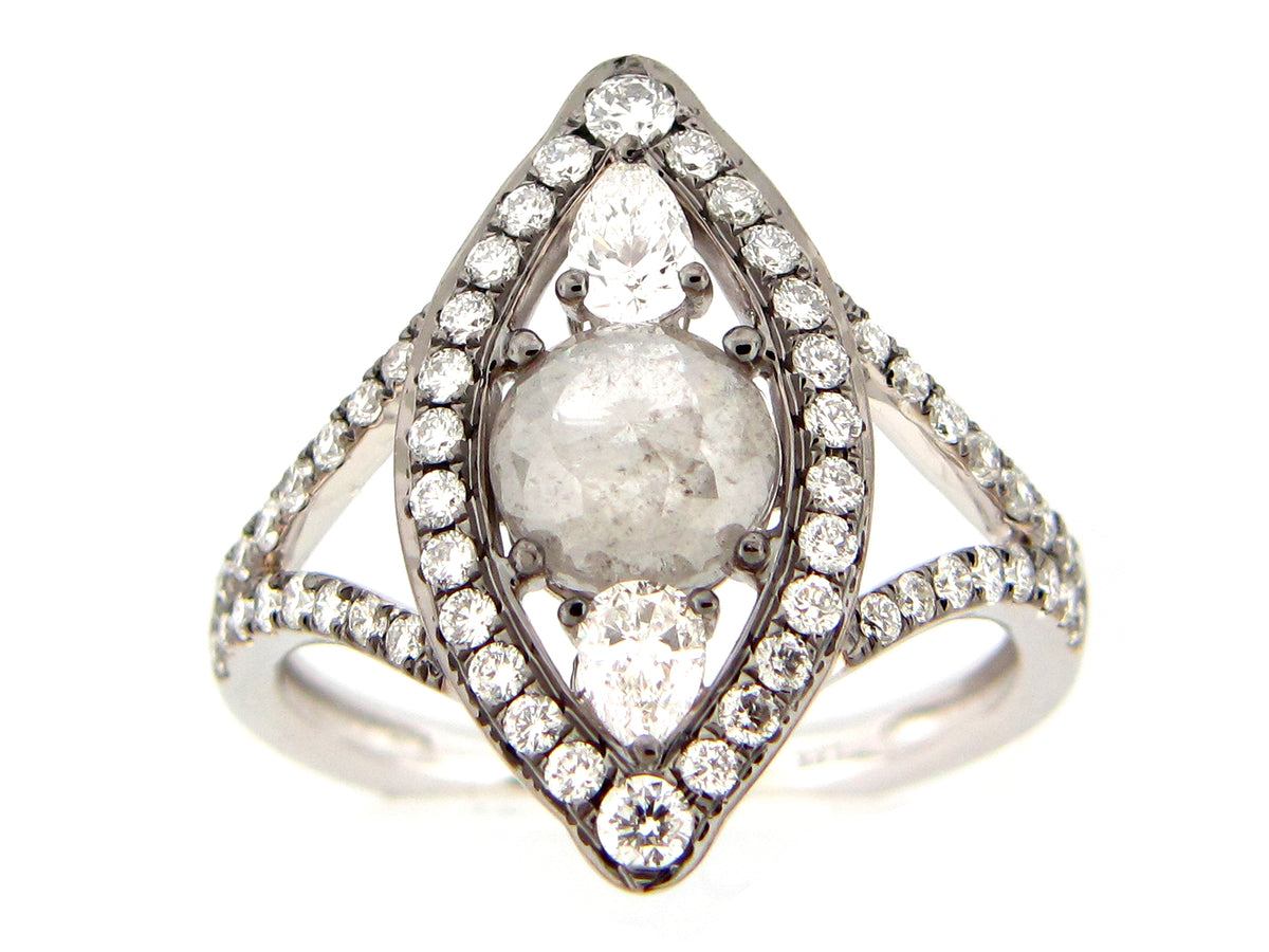 ROSE CUT DIAMOND CAT EYE RING, 18KW (N)