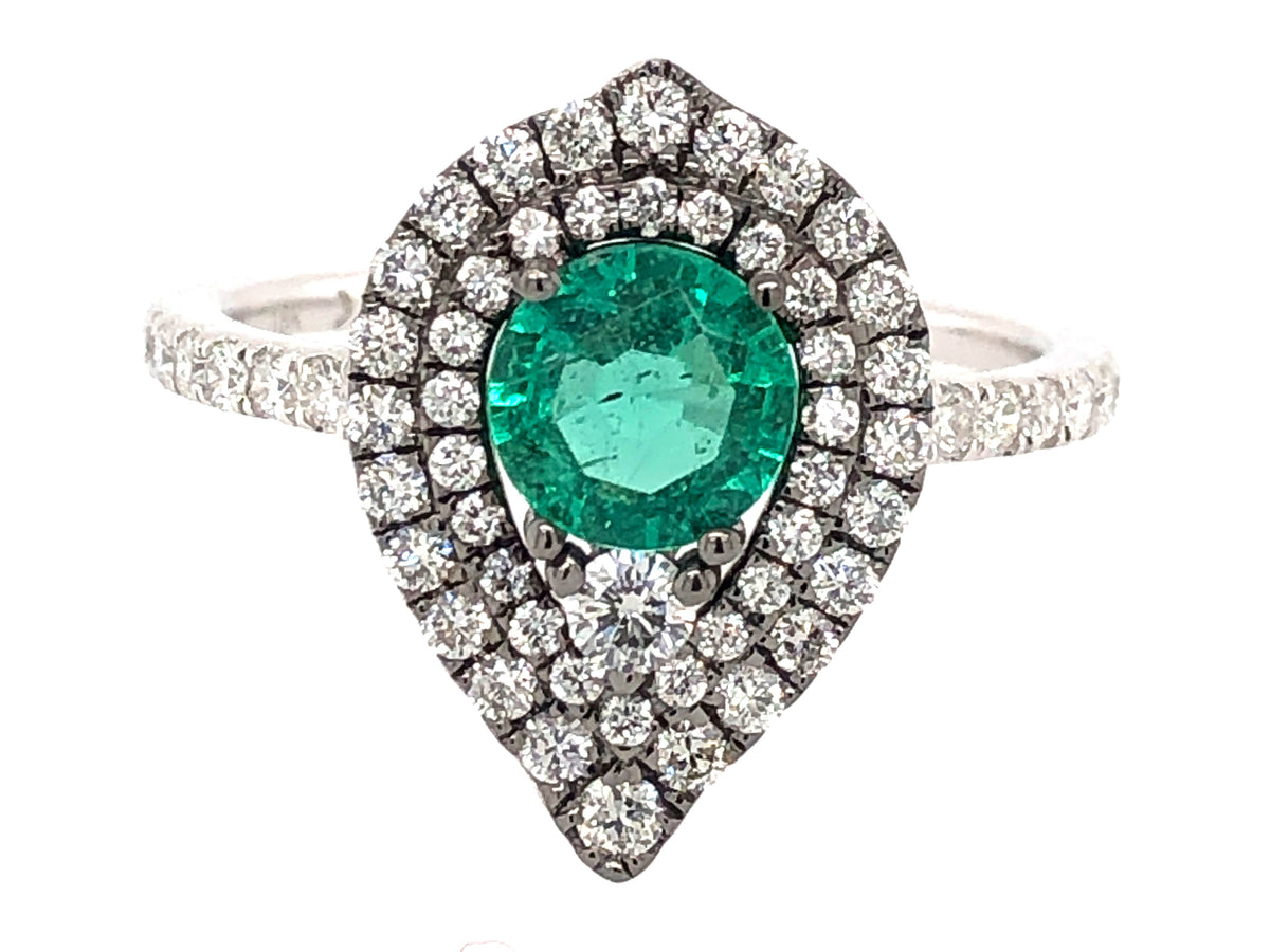 EMERALD & DIAMOND DOUBLE HALO RING, 18KW (O)