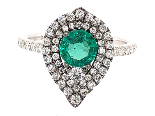 EMERALD & DIAMOND DOUBLE HALO RING, 18KW (O)