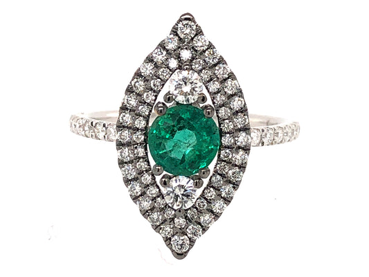 EMERALD & DIAMOND CAT EYE RING, 18KW (O)