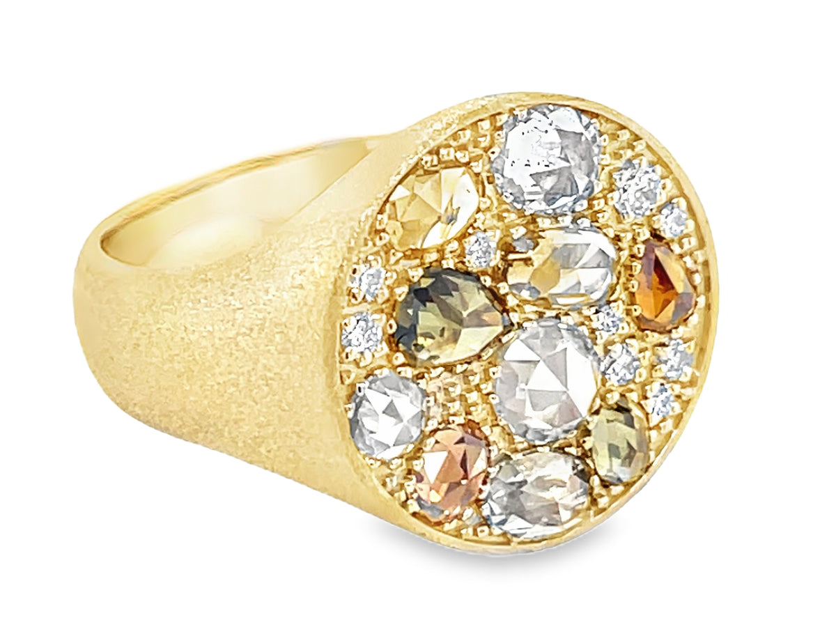 NATURAL MIXED CUT COLOR DIAMOND ROUND SIGNET RING, SATIN FINISH