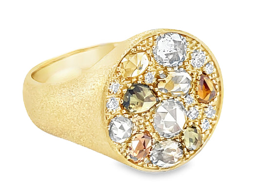 NATURAL MIXED CUT COLOR DIAMOND ROUND SIGNET RING, SATIN FINISH