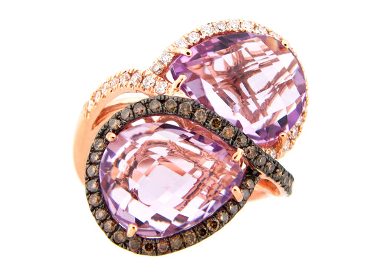 AMETHYST, BROWN & WHITE DIAMOND HALO 2 STONE RING, 14KR (H/N)