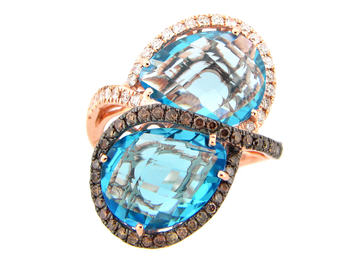 SWISS BLUE TOPAZ, BROWN & WHITE DIAMOND HALO 2 STONE RING, 14KR (R/N)