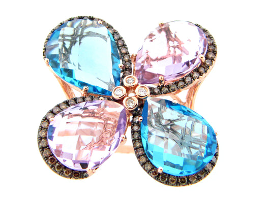 BLUE TOPAZ, AMETHYST, BROWN & WHITE DIAMOND 4 STONE RING, 14KR (R/H/N)