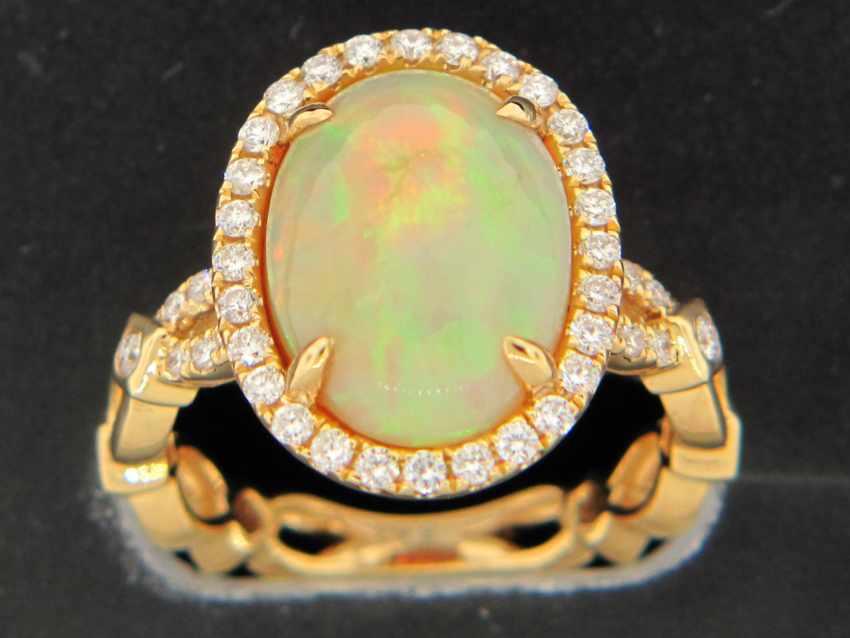 OPAL & DIAMOND OVAL RING, 18KY (O)