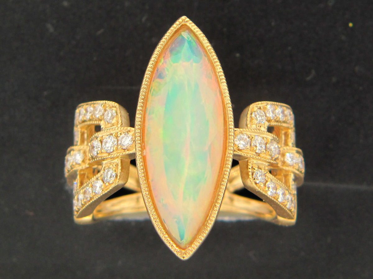 OPAL & DIAMOND MARQUISE RING, 18KY (O)