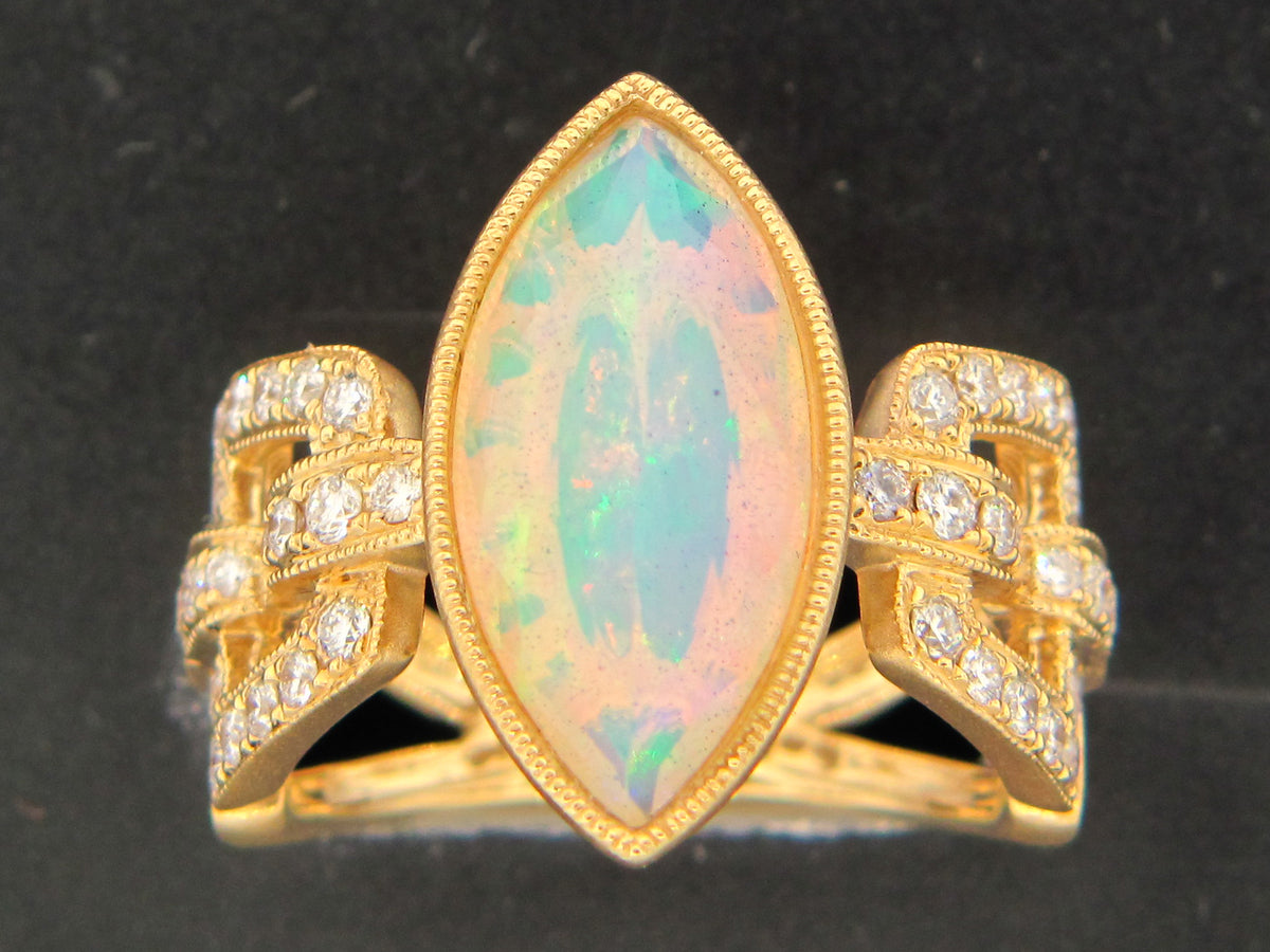 OPAL & DIAMOND MARQUISE RING, 18KY (O)