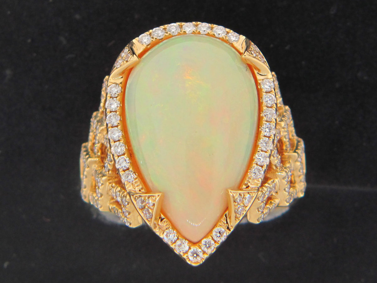 OPAL & DIAMOND TEAR DROP RING, 18KY (O)