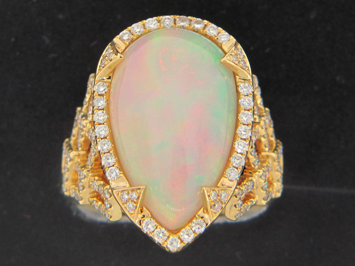OPAL & DIAMOND TEAR DROP RING, 18KY (O)