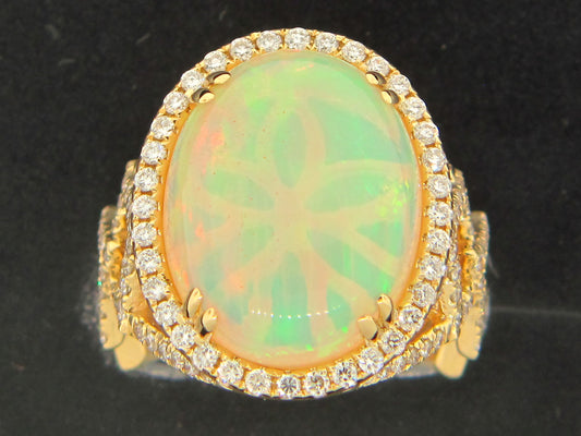 OPAL & DIAMOND OVAL RING, 18KY (O)