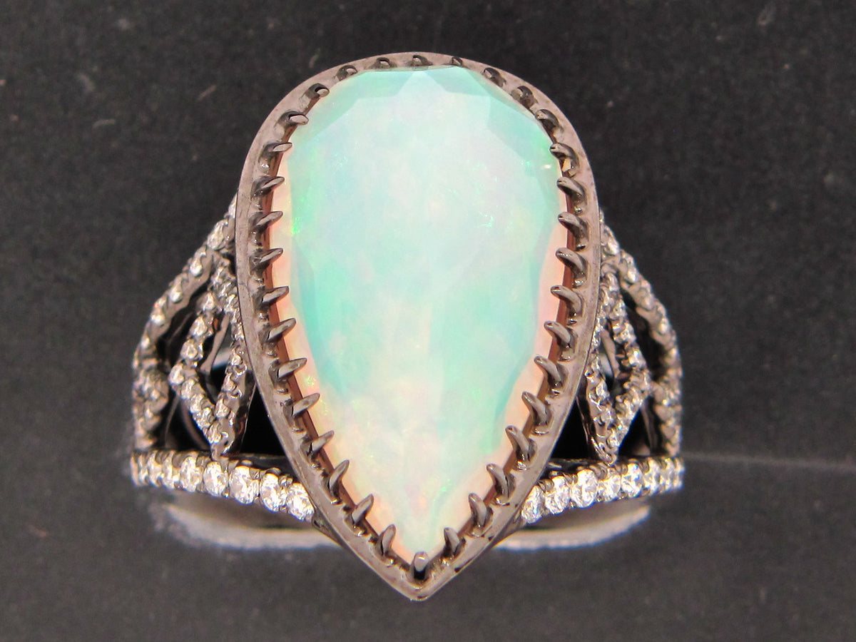 OPAL & DIAMOND TEAR DROP RING, 18K BLACK FINISH (O)