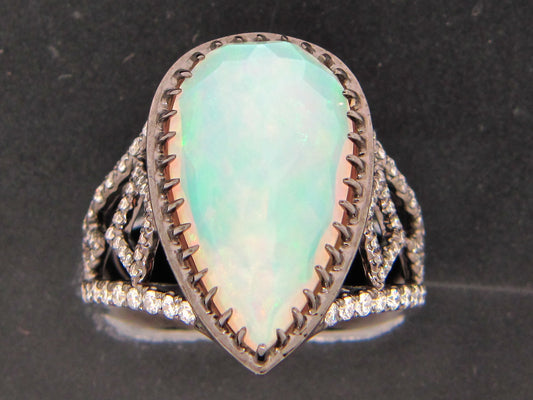 OPAL & DIAMOND TEAR DROP RING, 18K BLACK FINISH (O)