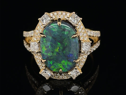 BLACK OPAL & DIAMOND RING, SIZE 9, 18KY (N)