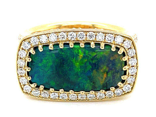 LIGHTNING RIDGE CUSHION BLACK OPAL & DIAMOND RING