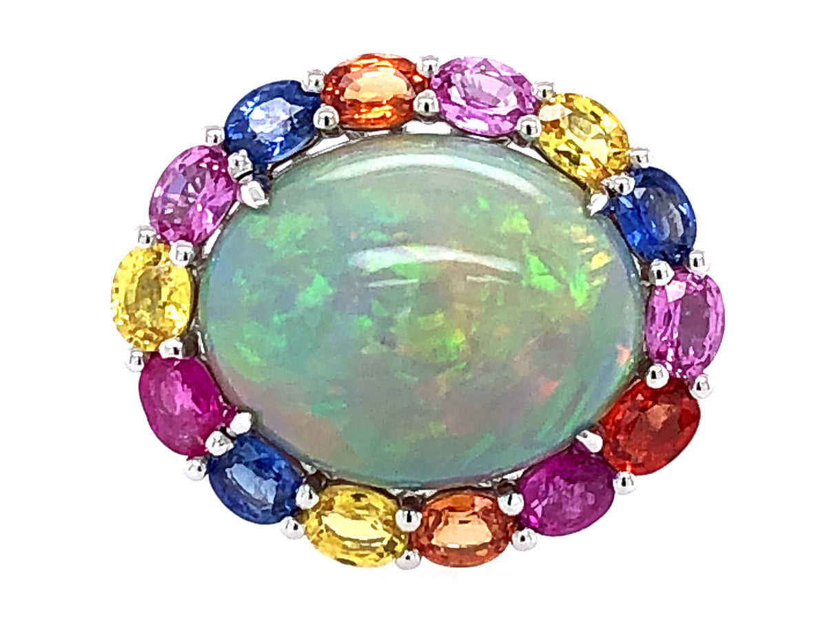 GRAY OPAL OVAL & SAPPHIRE HALO RING, 18KW (O/H/U)