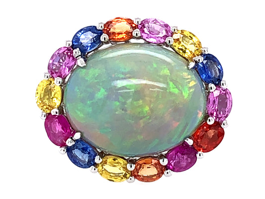 GRAY OPAL OVAL & SAPPHIRE HALO RING, 18KW (O/H/U)