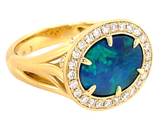 LIGHTNING RIDGE BLACK OPAL & DIAMOND RING, SATIN FINISH